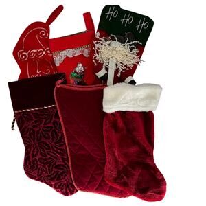 Set of 6 Red Christmas Stockings Mixed Styles Velvet Quilted Holiday Santa Decor